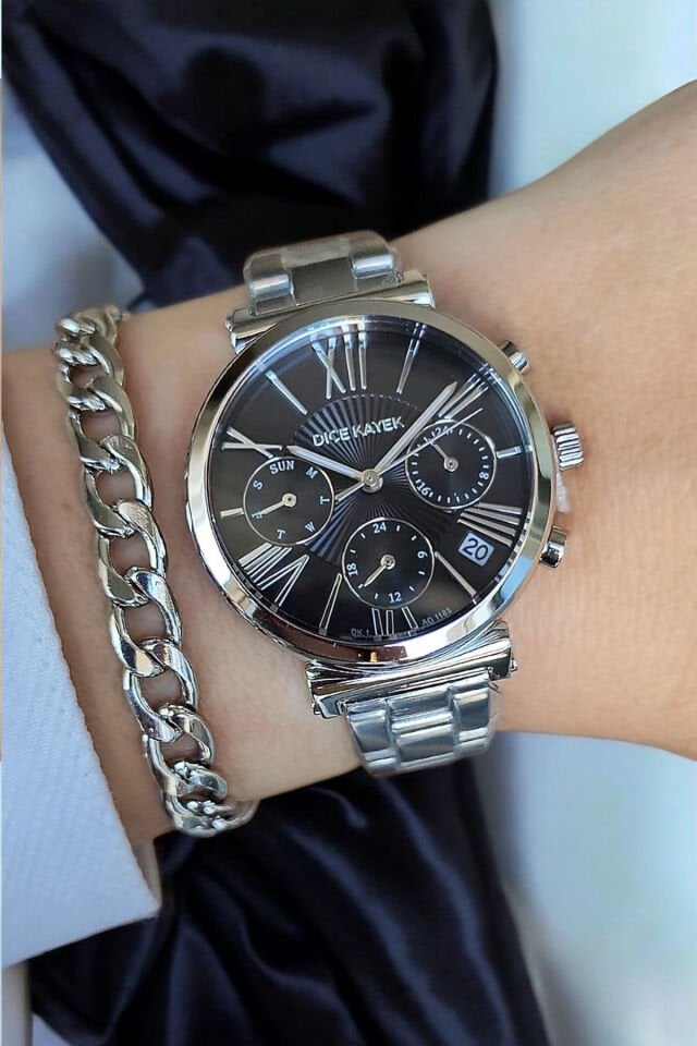 Tüm Fonksiyonları Aktif Takvimli 5ATM Su Geçirmez Siyah Kadran Çelik Kadın Kol Saati Bileklik Hediye