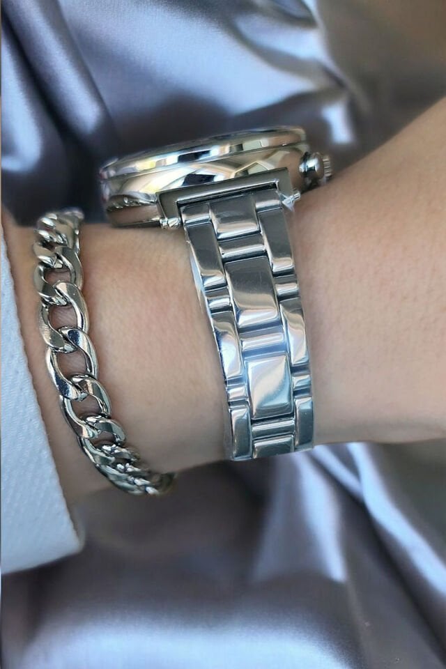 Tüm Fonksiyonları Aktif Takvimli 5ATM Su Geçirmez Siyah Kadran Çelik Kadın Kol Saati Bileklik Hediye