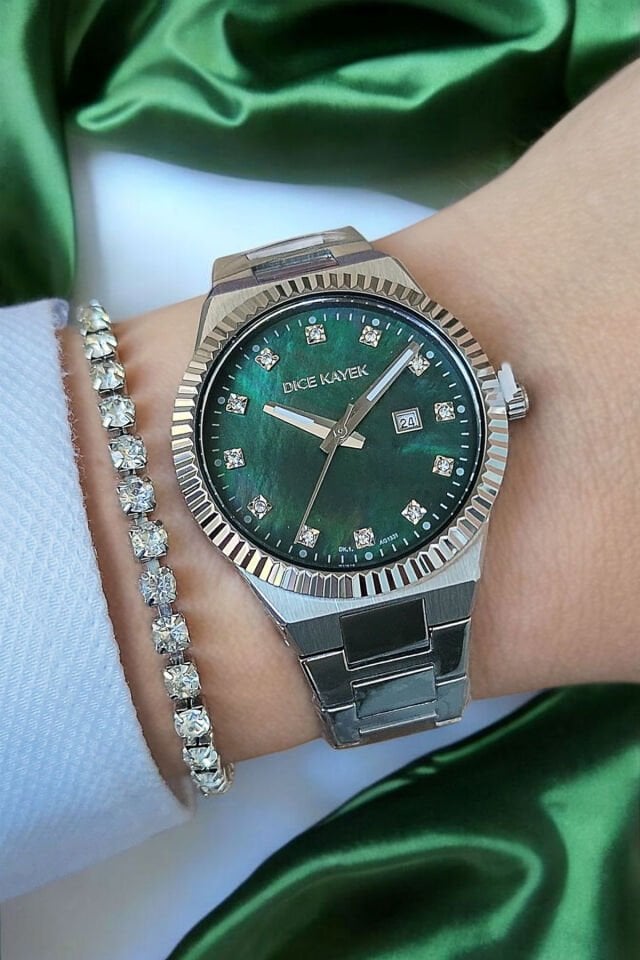 Takvimli Swarovski Taşlı 5ATM Su Geçirmez Yeşil Sedef Kadran Çelik Kadın Kol Saati Bileklik Hediyeli