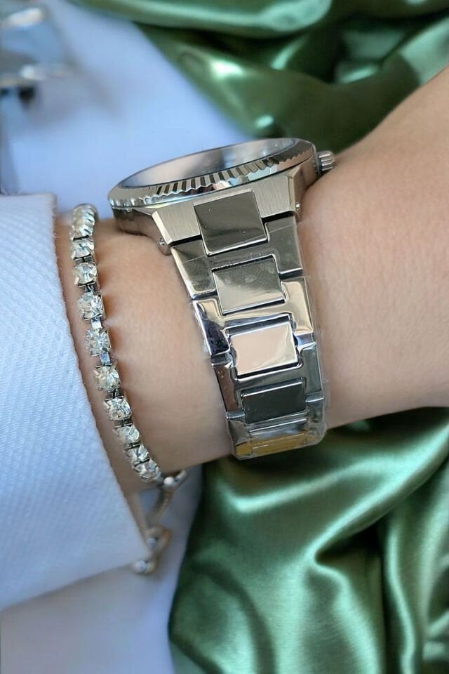 Takvimli Swarovski Taşlı 5ATM Su Geçirmez Yeşil Sedef Kadran Çelik Kadın Kol Saati Bileklik Hediyeli