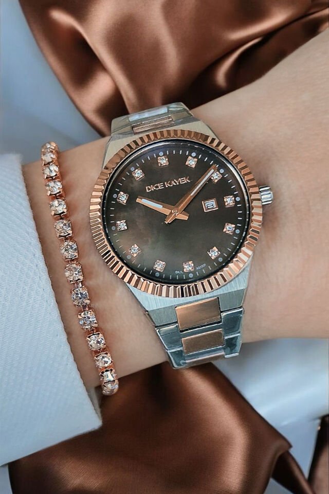 Takvimli Swarovski Taşlı 5ATM Su Geçirmez Kahve Sedef Kadran Çelik Kadın Kol Saati Bileklik Hediyeli