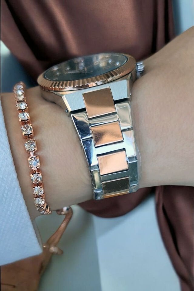 Takvimli Swarovski Taşlı 5ATM Su Geçirmez Kahve Sedef Kadran Çelik Kadın Kol Saati Bileklik Hediyeli