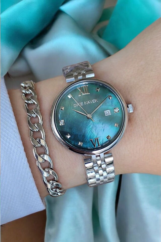 Takvimli Swarovski Taşlı 5ATM Su Geçirmez Yeşil Sedef Kadran Çelik Kadın Kol Saati Bileklik Hediyeli