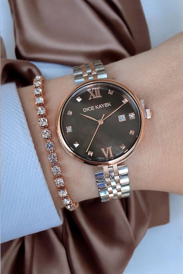 Takvimli Swarovski Taşlı 5ATM Su Geçirmez Kahve Sedef Kadran Çelik Kadın Kol Saati Bileklik Hediyeli
