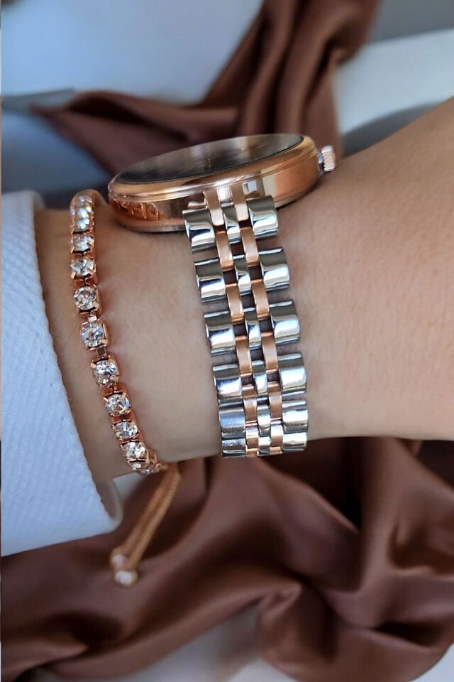 Takvimli Swarovski Taşlı 5ATM Su Geçirmez Kahve Sedef Kadran Çelik Kadın Kol Saati Bileklik Hediyeli