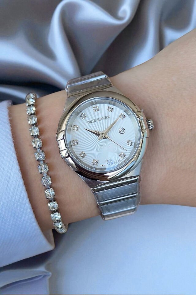 Takvimli Swarovski Taşlı 5ATM Su Geçirmez Beyaz Kadran Çelik Kadın Kol Saati Bileklik Hediyeli