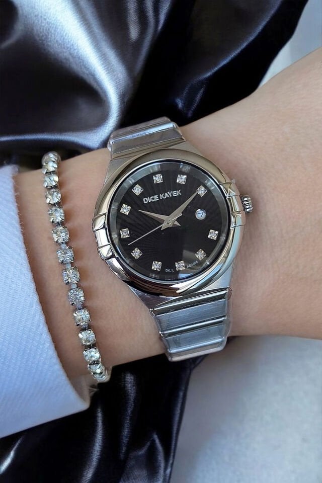 Takvimli Swarovski Taşlı 5ATM Su Geçirmez Siyah Kadran Çelik Kadın Kol Saati Bileklik Hediyeli