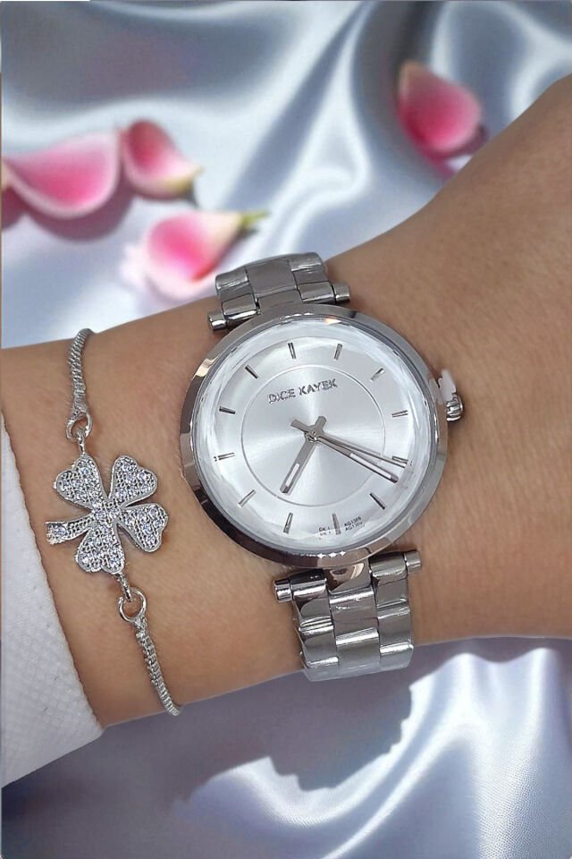 5 ATM Su Geçirmez Metalik Kadran Çelik Zarif Kadın Kol Saati, Taşlı Bileklik Hediyeli