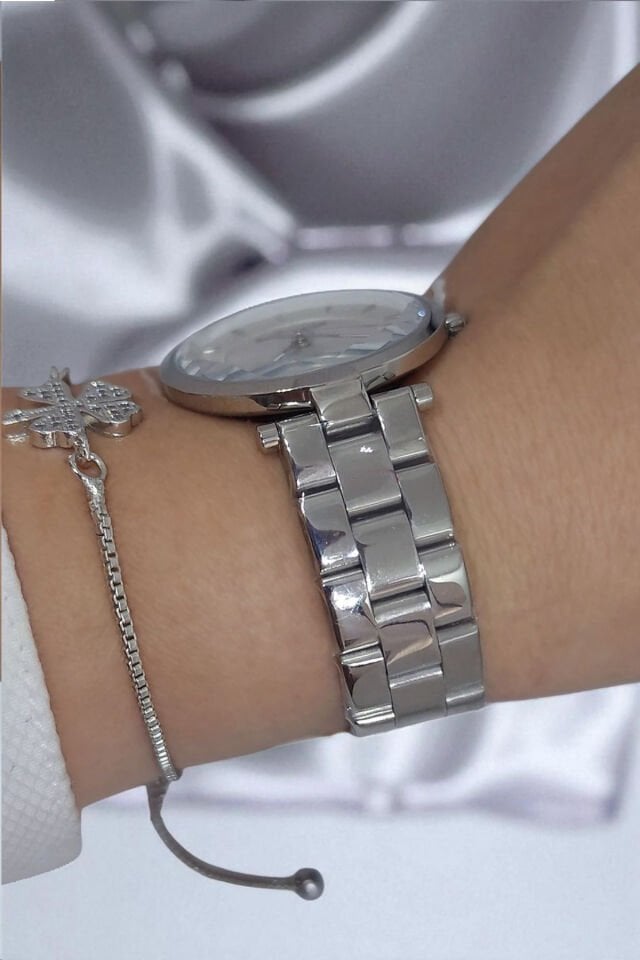 5 ATM Su Geçirmez Metalik Kadran Çelik Zarif Kadın Kol Saati, Taşlı Bileklik Hediyeli