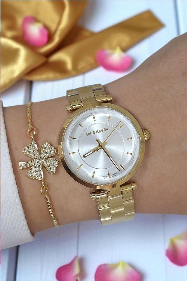 5 ATM Su Geçirmez Metalik Kadran Çelik Zarif Altın Sarısı Kadın Kol Saati, Taşlı Bileklik Hediyeli