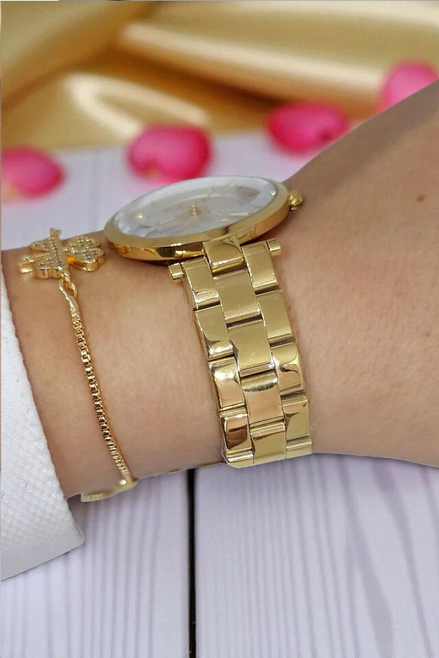 5 ATM Su Geçirmez Metalik Kadran Çelik Zarif Altın Sarısı Kadın Kol Saati, Taşlı Bileklik Hediyeli