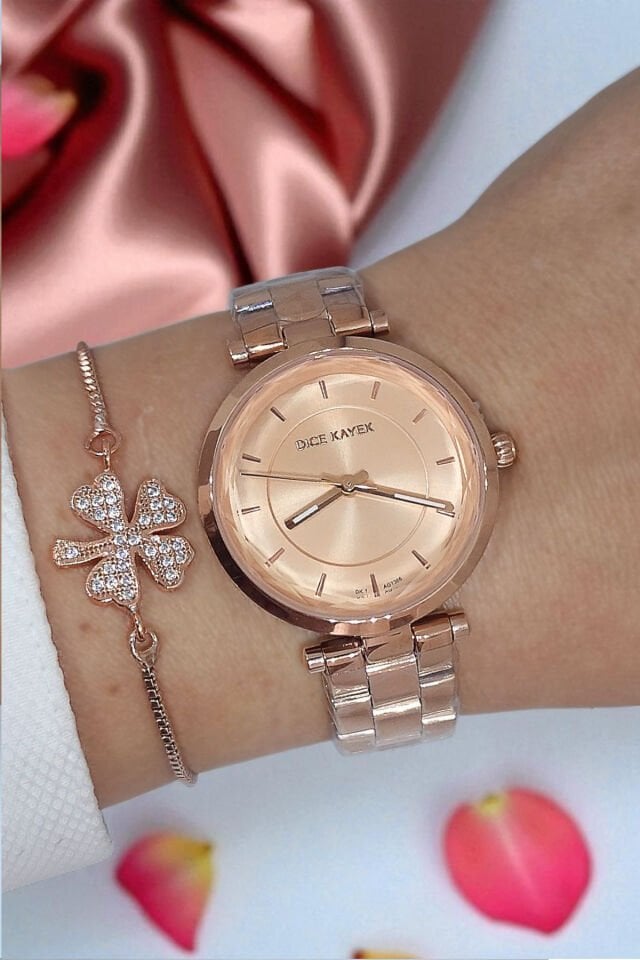 5 ATM Su Geçirmez Rose Kadran Çelik Zarif Rose Gold Kadın Kol Saati, Taşlı Bileklik Hediyeli