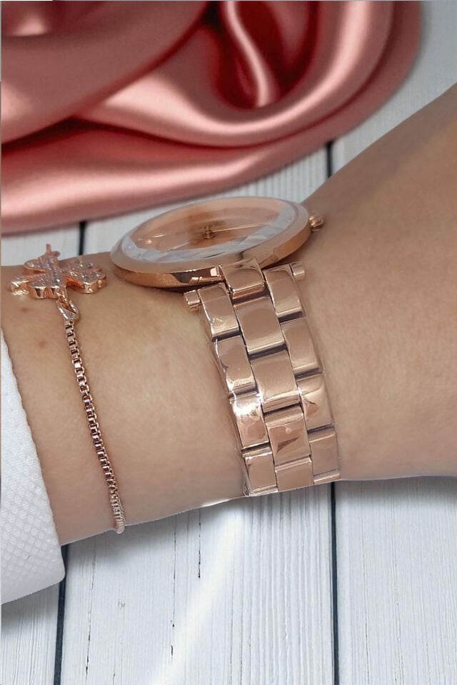 5 ATM Su Geçirmez Rose Kadran Çelik Zarif Rose Gold Kadın Kol Saati, Taşlı Bileklik Hediyeli