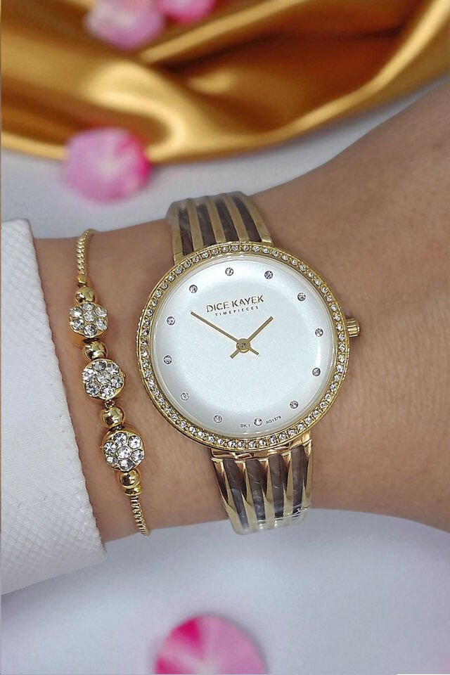 5 ATM Su Geçirmez Beyaz Kadran Altın Sarısı Taşlı Kadın Kol Saati, Taşlı Bileklik Hediyeli