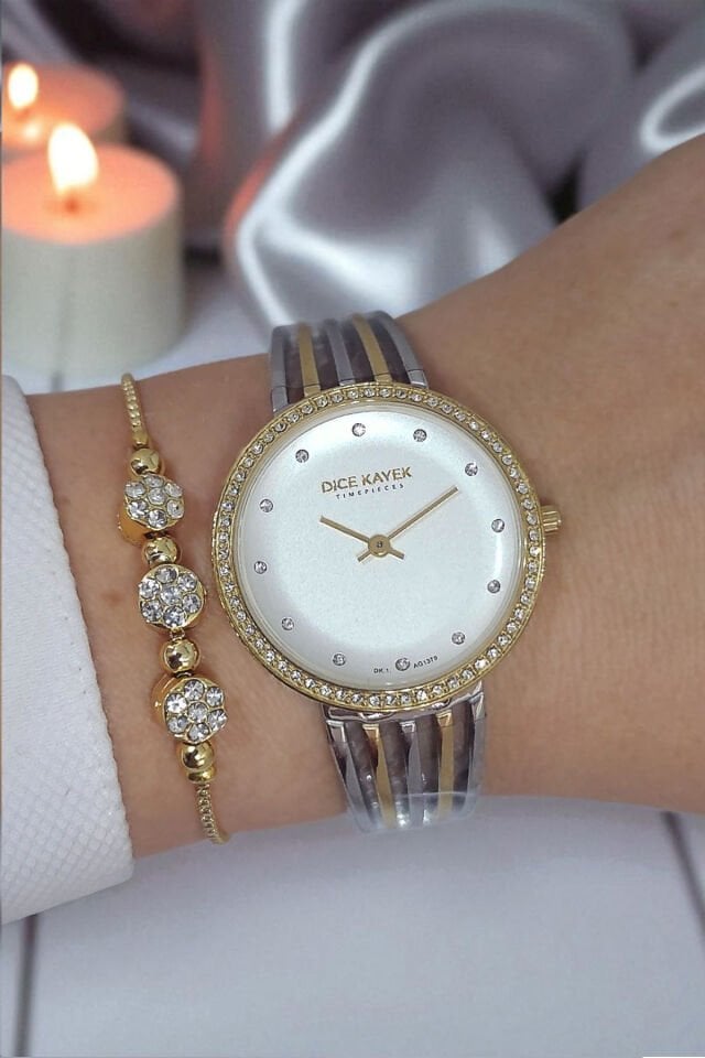 5 ATM Su Geçirmez Beyaz Kadran Altın/Metalik Taşlı Kadın Kol Saati, Taşlı Bileklik Hediyeli