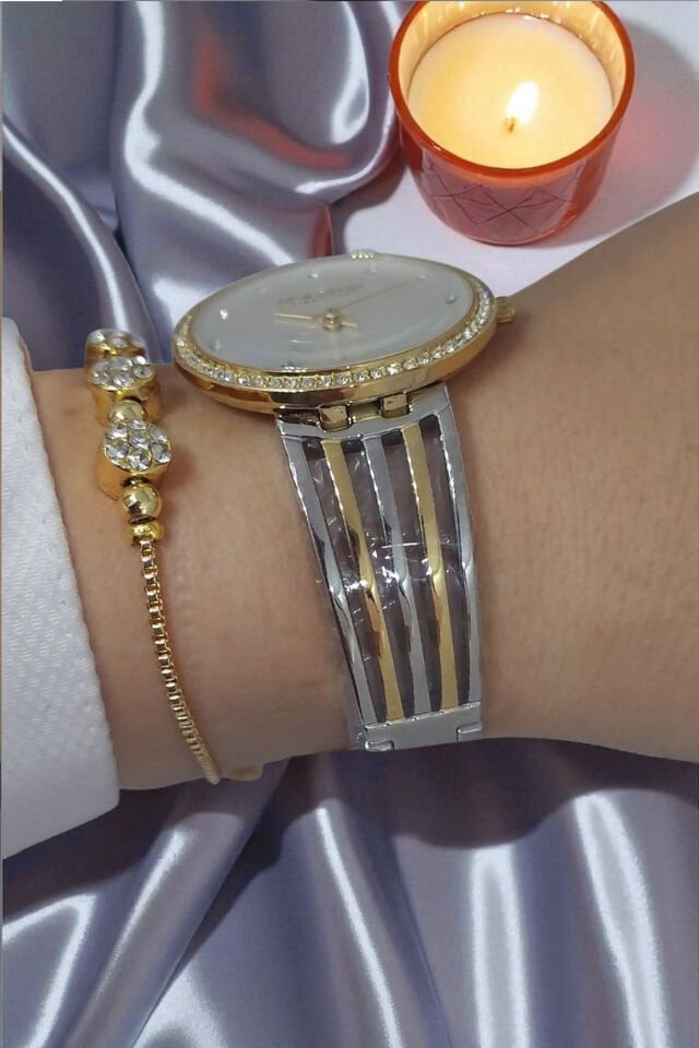 5 ATM Su Geçirmez Beyaz Kadran Altın/Metalik Taşlı Kadın Kol Saati, Taşlı Bileklik Hediyeli