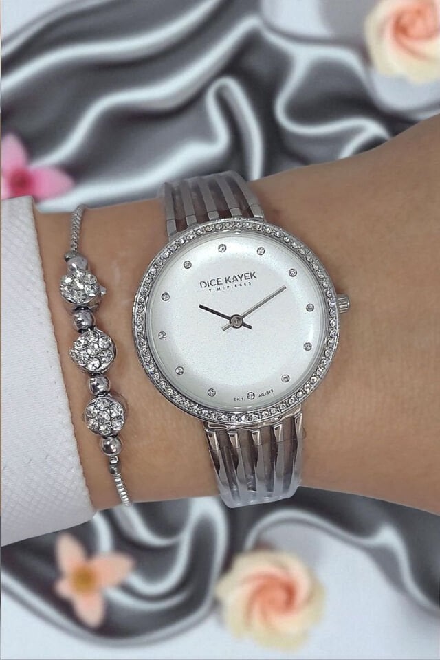 5 ATM Su Geçirmez Beyaz Kadran Metalik Taşlı Çelik Kadın Kol Saati, Taşlı Bileklik Hediyeli
