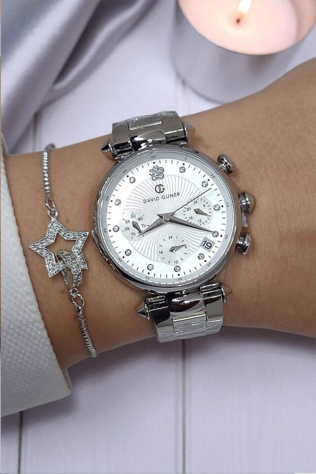 Tüm Fonksiyonları Aktif, Takvimli, Taşlı Çelik Bilezik Metalik Kadın Kol Saati Bileklik Hediyeli