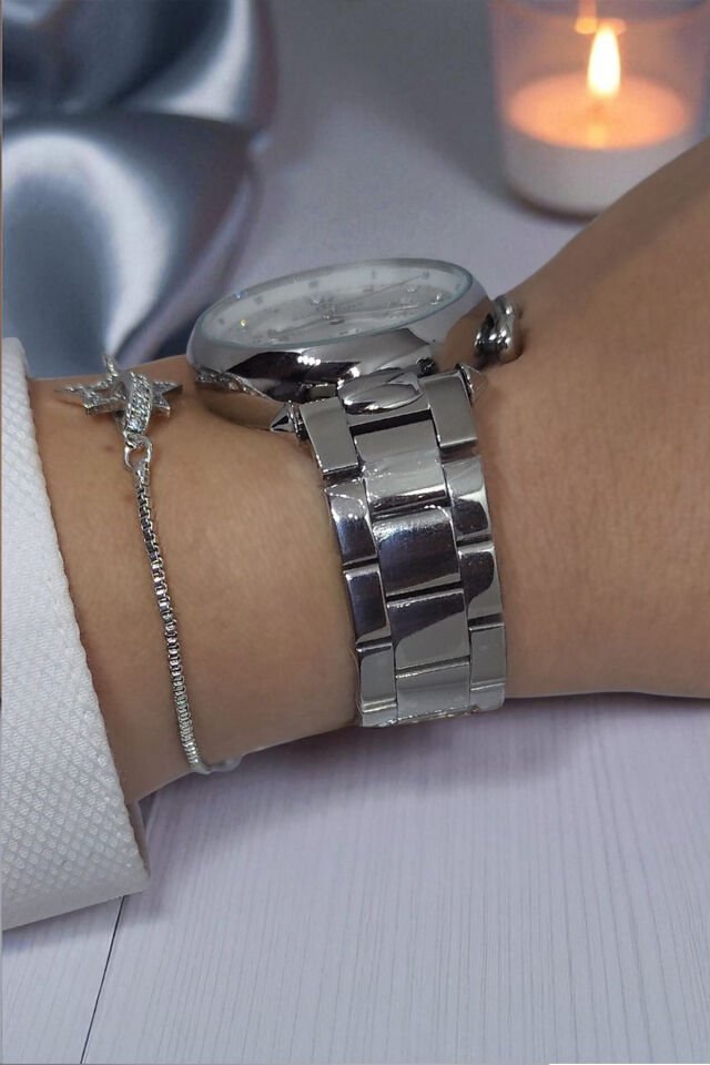 Tüm Fonksiyonları Aktif, Takvimli, Taşlı Çelik Bilezik Metalik Kadın Kol Saati Bileklik Hediyeli