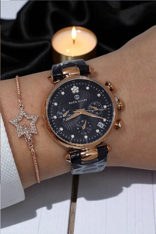 Tüm Fonksiyonları Aktif, Takvimli, Taşlı Çelik Bilezik Siyah Kadın Kol Saati Bileklik Hediyeli