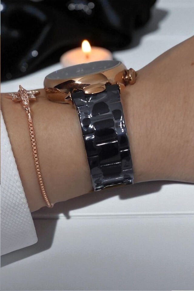 Tüm Fonksiyonları Aktif, Takvimli, Taşlı Çelik Bilezik Siyah Kadın Kol Saati Bileklik Hediyeli