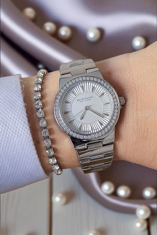 31 mm, Taşlı, Çelik Kordon Metalik Zarif Kadın Kol Saati, Taşlı Bileklik Hediyeli