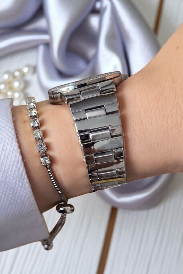 31 mm, Taşlı, Çelik Kordon Metalik Zarif Kadın Kol Saati, Taşlı Bileklik Hediyeli