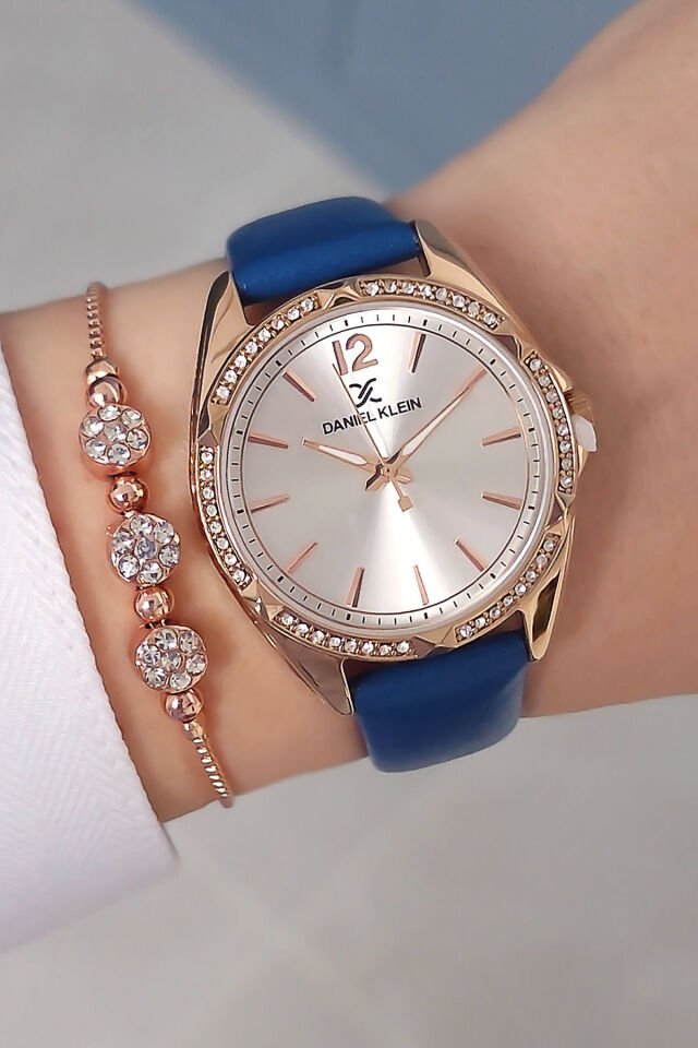 Daniel Klein Rose Gold Kasa Mavi Deri Kayışlı Kadın Kol Saati, Zirkon Taşlı Bileklik Hediyeli