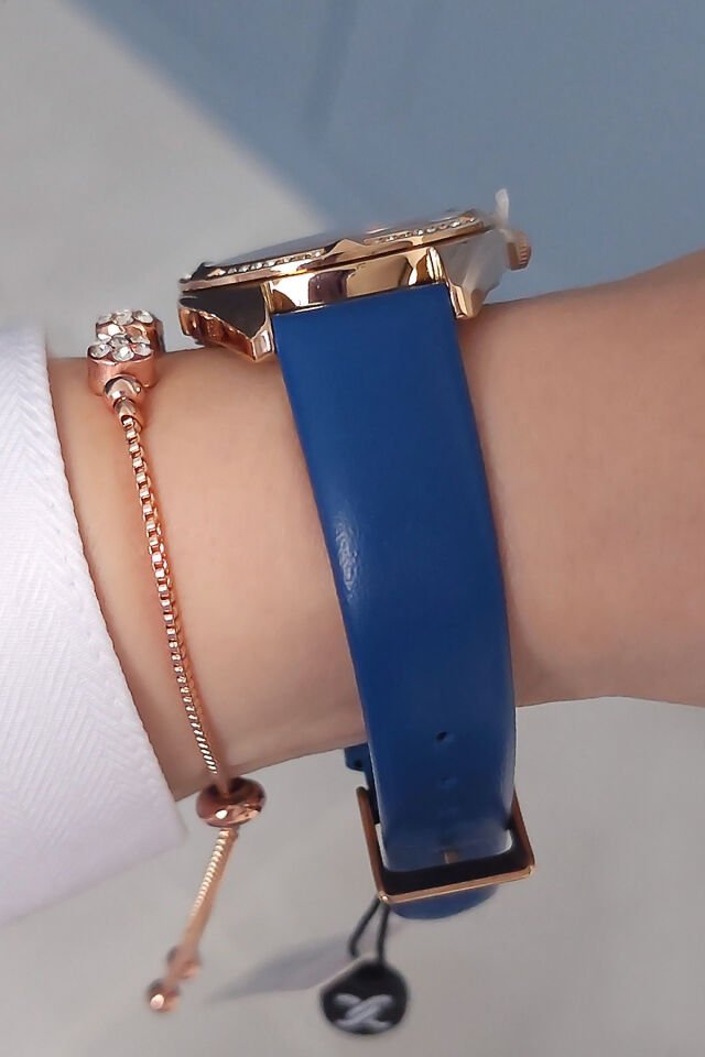 Daniel Klein Rose Gold Kasa Mavi Deri Kayışlı Kadın Kol Saati, Zirkon Taşlı Bileklik Hediyeli