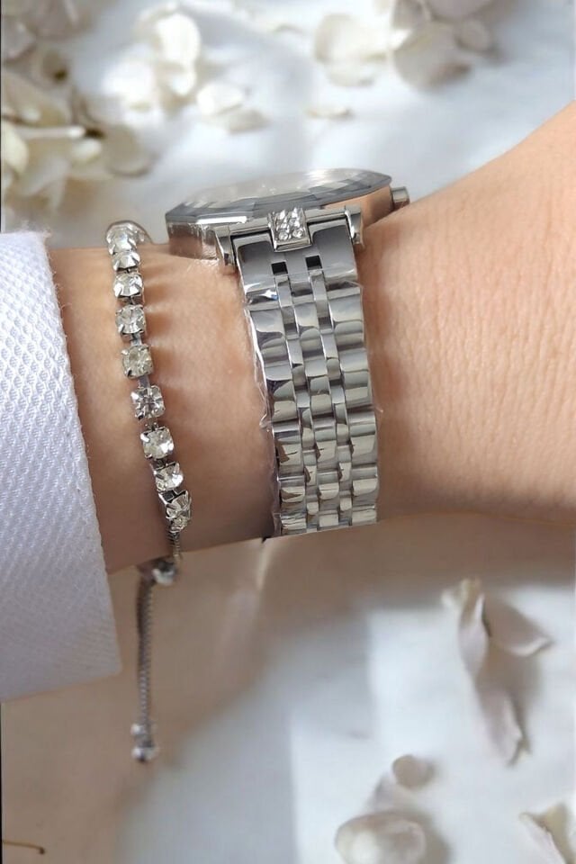 30 mm Kesme Camlı, Taşlı, 3 ATM Su Geçirmez Metalik Kadın Kol Saati, Taşlı Bileklik Hediyeli