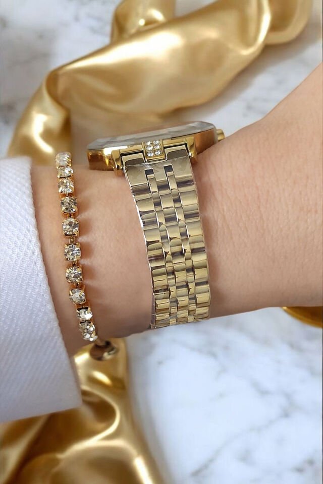 30 mm Kesme Camlı, Taşlı, 3 ATM Su Geçirmez Altın Sarısı Kadın Kol Saati, Taşlı Bileklik Hediyeli