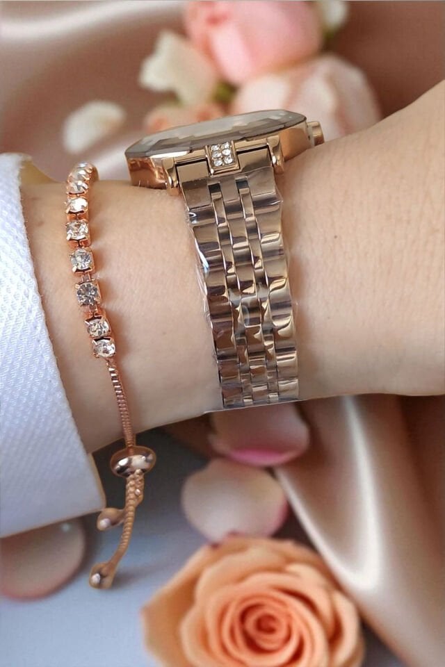 30 mm Kesme Camlı, Taşlı, 3 ATM Su Geçirmez Rose Gold Kadın Kol Saati, Taşlı Bileklik Hediyeli