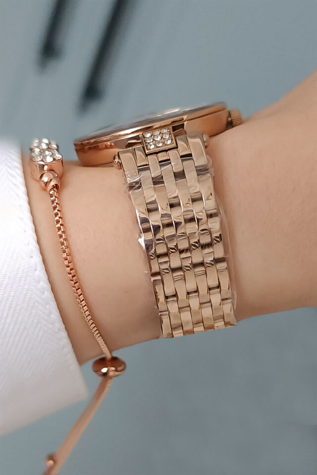 Yeni Model Kesme Camlı Çelik Bilezik Rose Gold Kadın Kol Saati - Zirkon Taşlı Bileklik Hediyeli