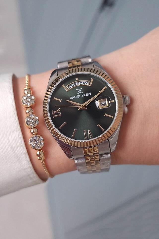 Yeni Model Jübile Bilezik Takvimli Altın/Metalik Yeşil Kadran Kadın Kol Saati, Taşlı Bileklik Hediye