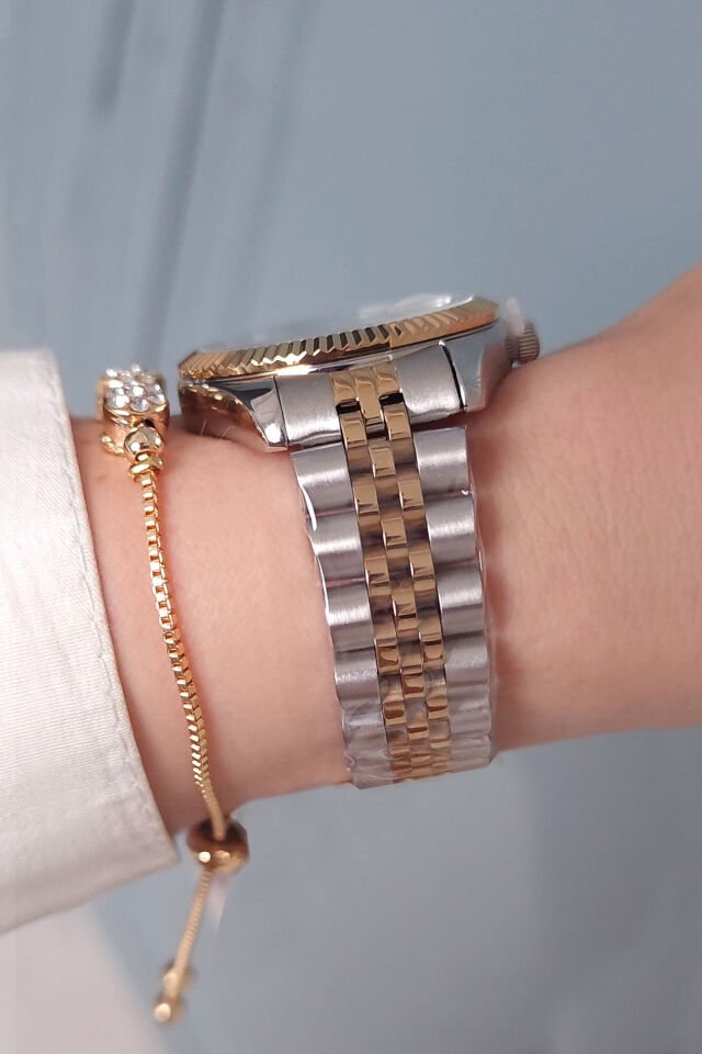 Yeni Model Jübile Bilezik Takvimli Altın/Metalik Yeşil Kadran Kadın Kol Saati, Taşlı Bileklik Hediye