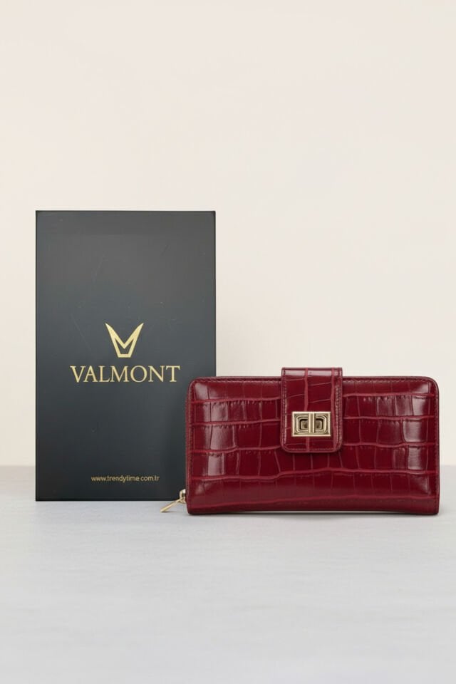 Valmont Özel Kutulu, Timsah Deseni Görünümlü, Kredi Kartı Gözlü Kırmızı Deri Şık Kadın Cüzdanı