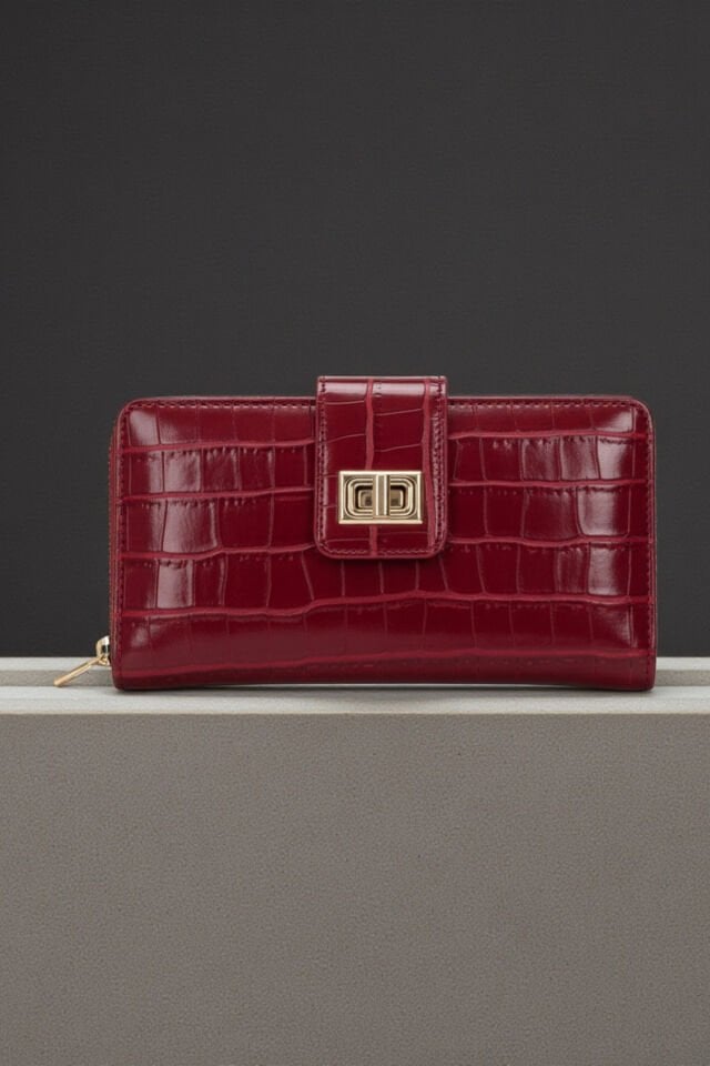 Valmont Özel Kutulu, Timsah Deseni Görünümlü, Kredi Kartı Gözlü Kırmızı Deri Şık Kadın Cüzdanı