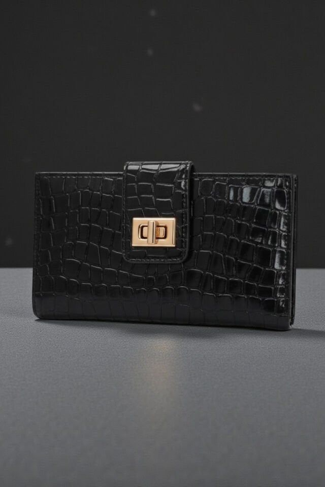 Valmont Özel Kutulu, Timsah Deseni Görünümlü, Kredi Kartı Gözlü Siyah Deri Şık Kadın Cüzdanı