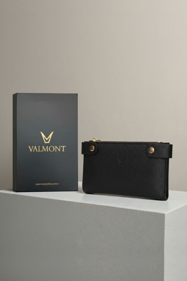 Valmont Özel Kutulu, Fermuarlı, Kartlıklı, Çok Bölmeli Siyah Şık Deri Kadın Cüzdanı
