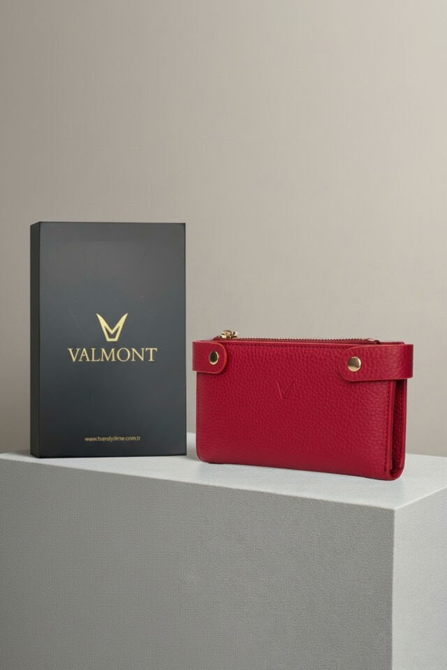 Valmont Özel Kutulu, Fermuarlı, Kartlıklı, Çok Bölmeli Kırmızı Şık Deri Kadın Cüzdanı