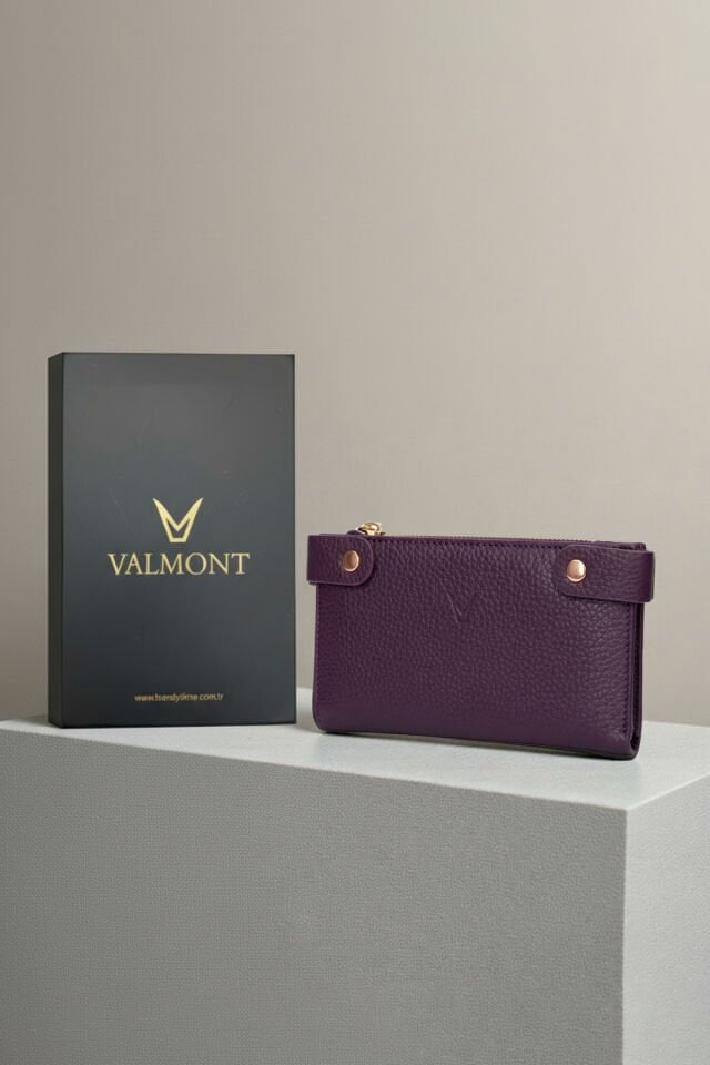 Valmont Özel Kutulu, Fermuarlı, Kartlıklı, Çok Bölmeli Mor Şık Deri Kadın Cüzdanı