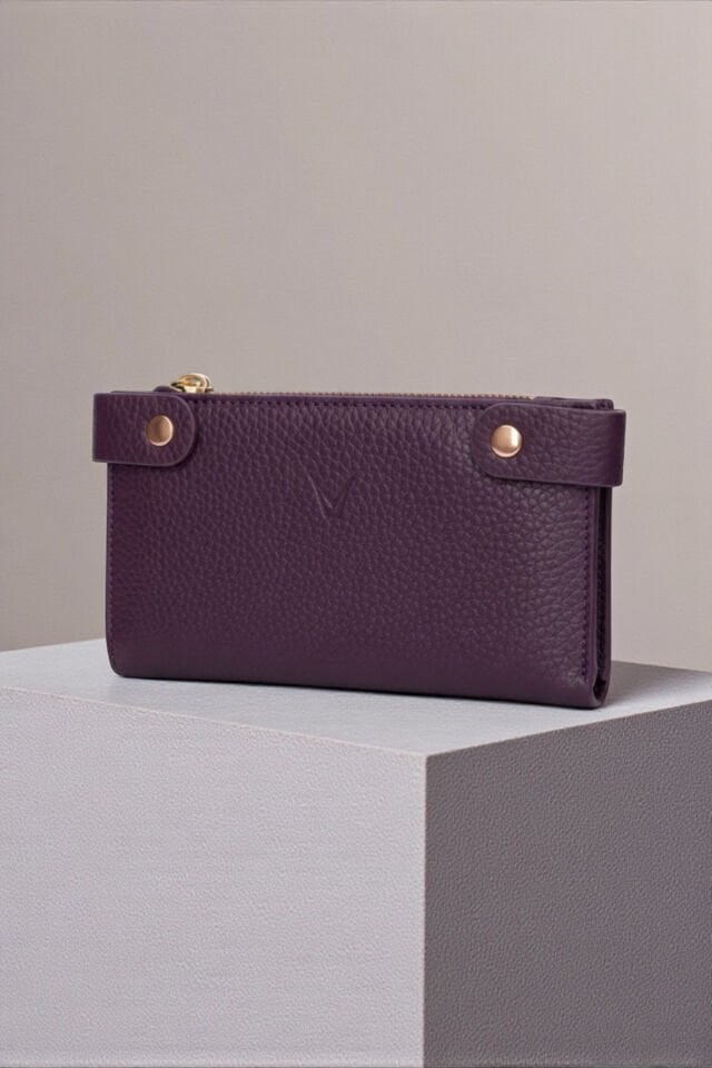 Valmont Özel Kutulu, Fermuarlı, Kartlıklı, Çok Bölmeli Mor Şık Deri Kadın Cüzdanı