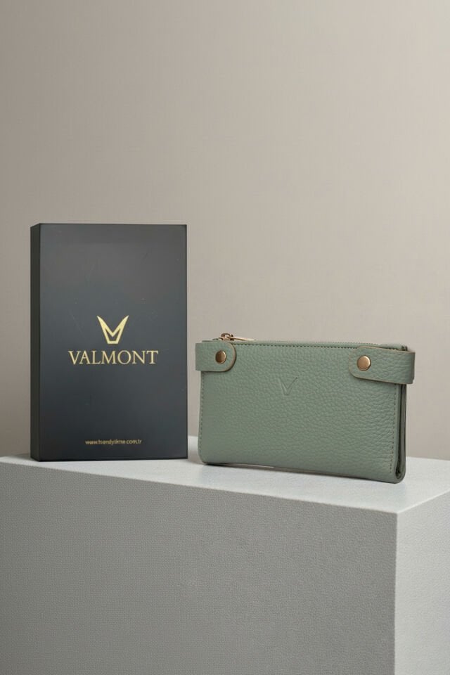 Valmont Özel Kutulu, Fermuarlı, Kartlıklı, Çok Bölmeli Mint Yeşili Şık Deri Kadın Cüzdanı