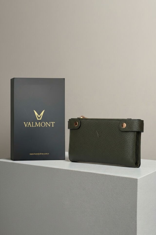 Valmont Özel Kutulu, Fermuarlı, Kartlıklı, Çok Bölmeli Haki Yeşil Şık Deri Kadın Cüzdanı