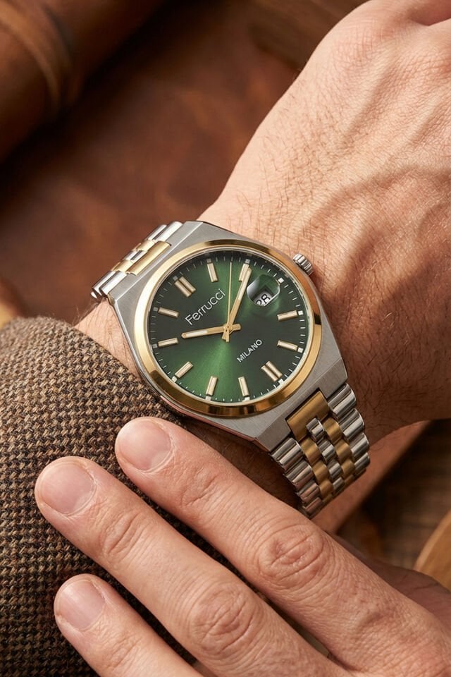 Orijinal 2 Yıl Garantili Çelik Bilezik Altın/Metalik Yeşil Kadran Sevgili Kol Saati Seti