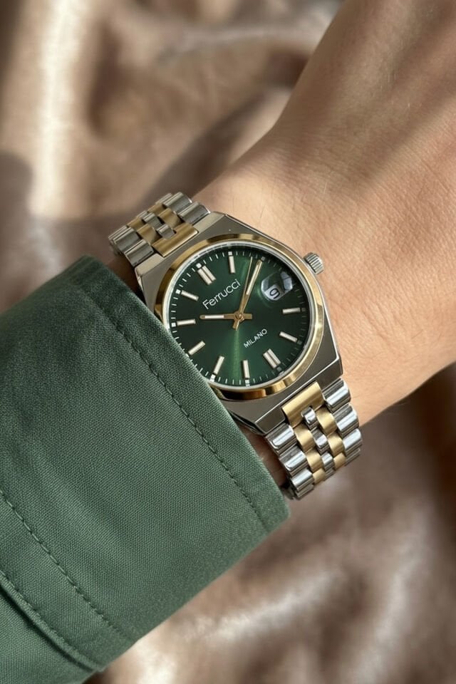 Orijinal 2 Yıl Garantili Çelik Bilezik Altın/Metalik Yeşil Kadran Sevgili Kol Saati Seti