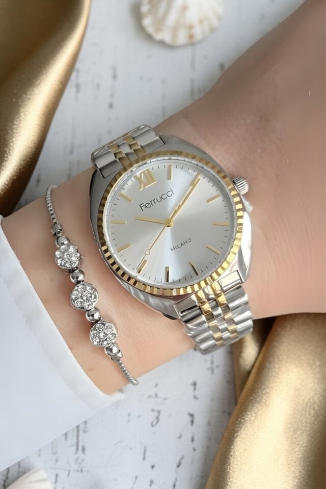 Yeni Model Çelik Bilezik Altın / Metalik Kadın Kol Saati + Zirkon Taşlı Bileklik