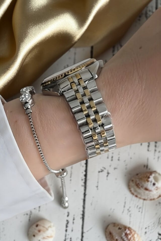 Yeni Model Çelik Bilezik Altın / Metalik Kadın Kol Saati + Zirkon Taşlı Bileklik