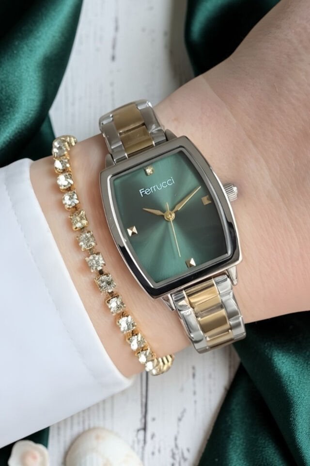 Dikdörtgen Kasa Çelik Bilezik Altın/Metalik Yeşil Kadran Kadın Kol Saati