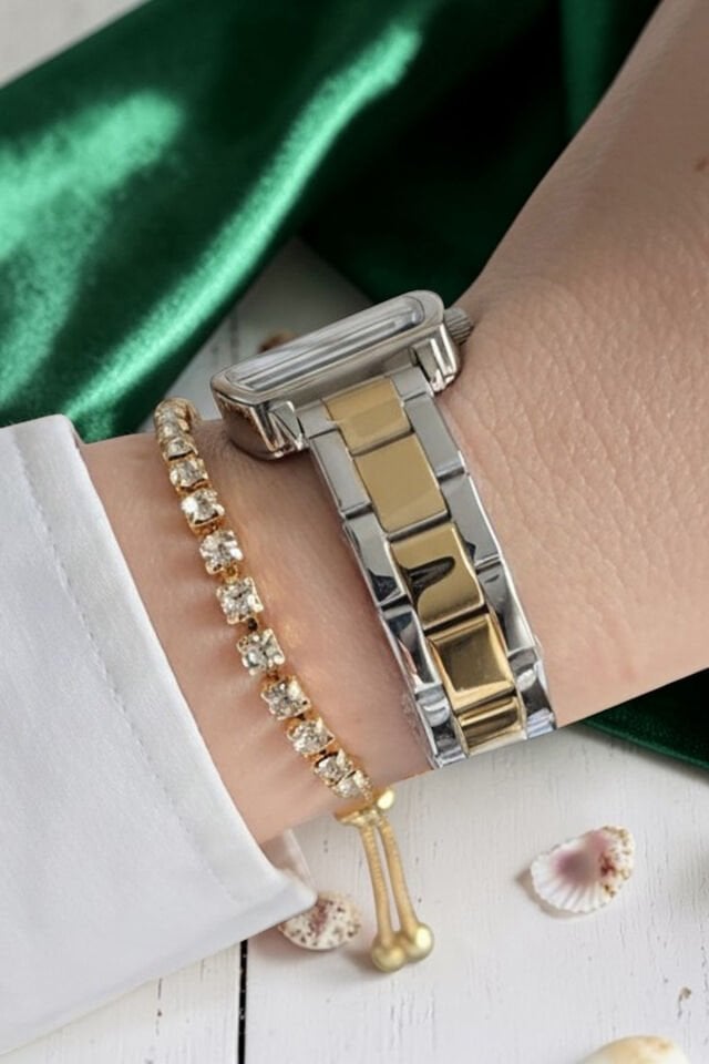 Dikdörtgen Kasa Çelik Bilezik Altın/Metalik Yeşil Kadran Kadın Kol Saati